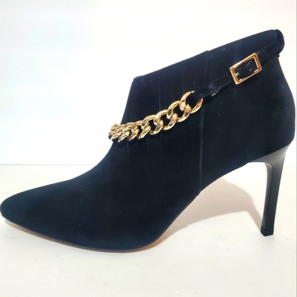 Cecelia New York Zane black suede leather gold chain stiletto ankle